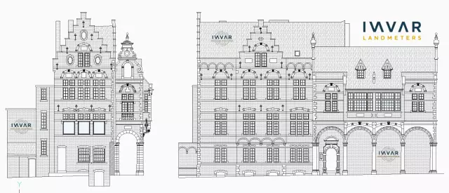 Uitgetekende gevelzichten van Groeninghehuis te Brugge doormiddel van fotogrammetrie door INVAR landmeters